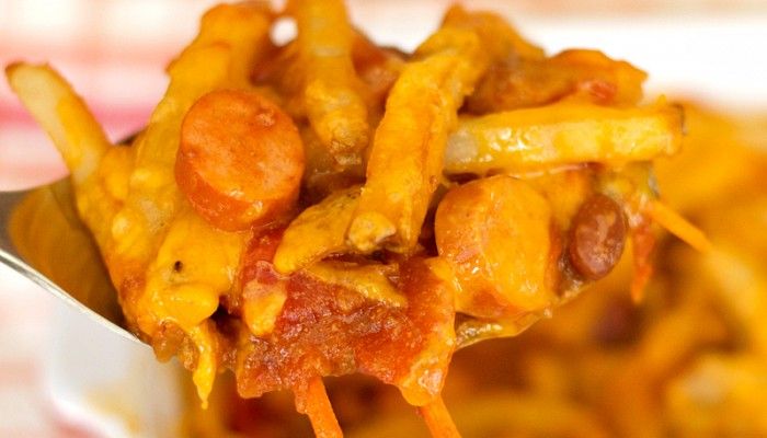 Chili Dog Casserole with Cheese Fries