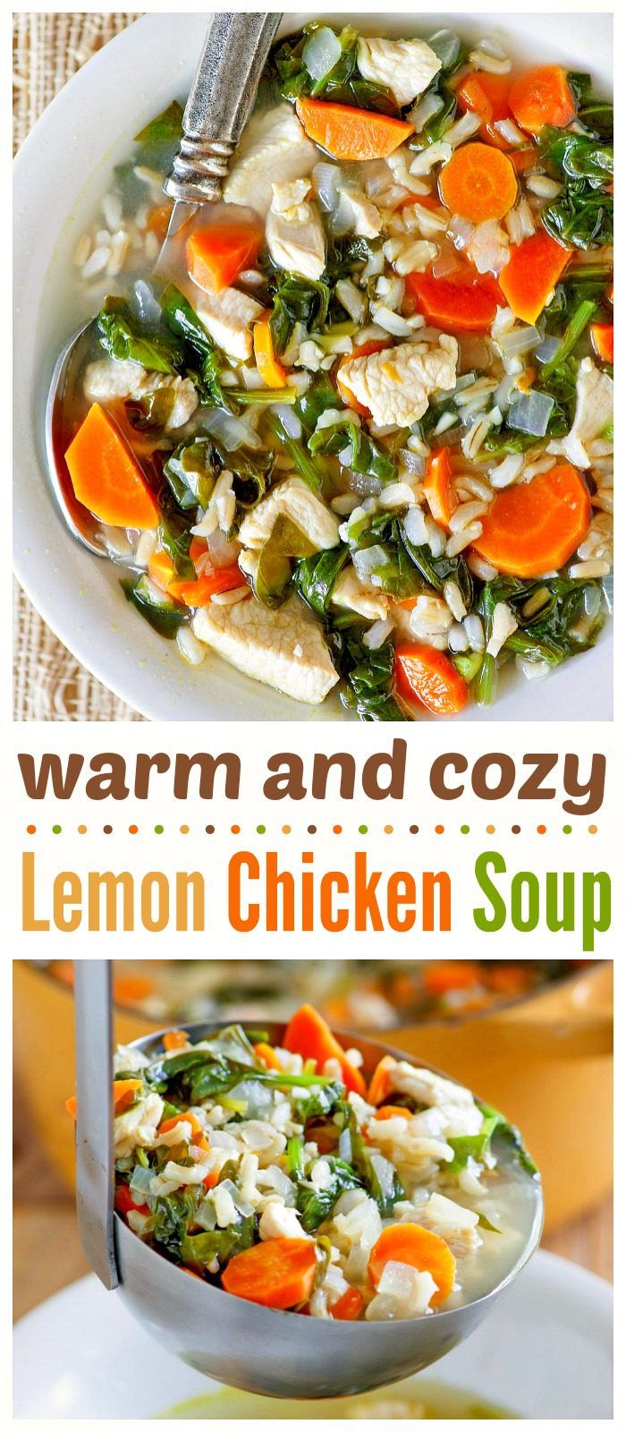 This Lemon Chicken Soup with rice and spinach is light, easy, healthy, and comforting. It will be your go-to dinner recipe on cold days! #lemon #chicken #soup