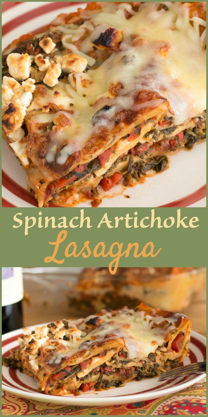 Bake up a pan of this spinach artichoke lasagna for a vegetarian meal even a true carnivore will love!