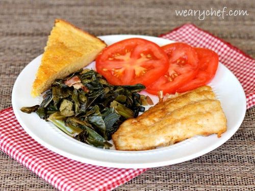 Pan Fried Catfish with Greens and Cornbread - A complete Southern meal! via wearychef.com