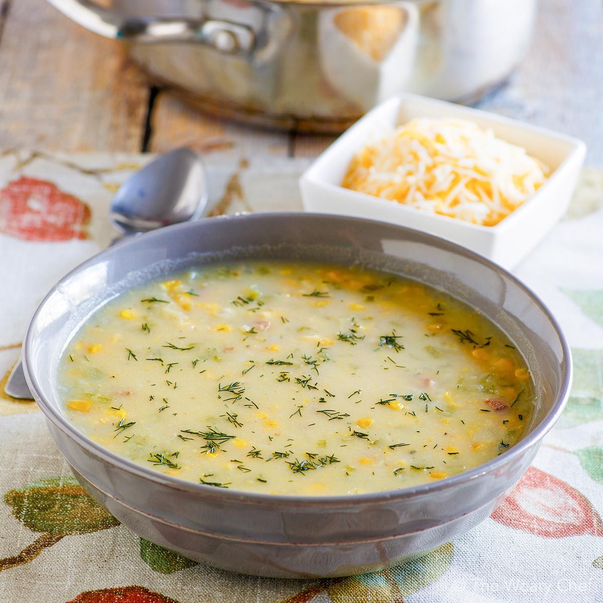 This filling and easy chowder is loaded with corn and potatoes. #soup #chowder #potato #corn