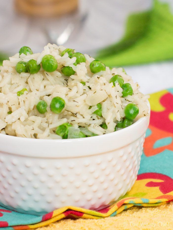 Quick and easy rice pilaf loaded with sweet peas and dill!