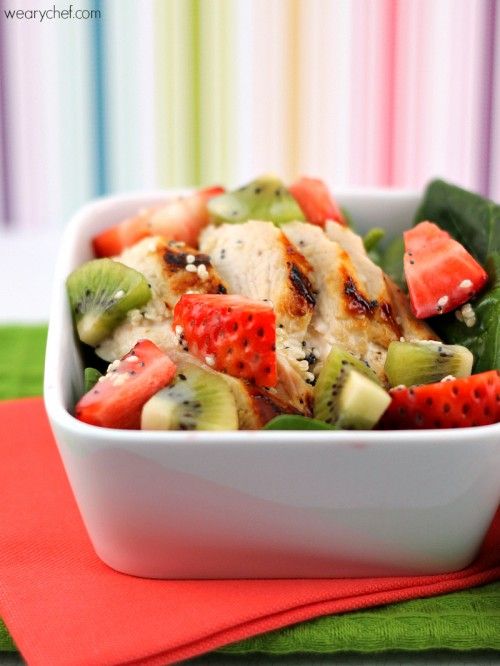 Strawberry Spinach Salad with Chicken and Kiwi - A light, healthy, delicious dinner!