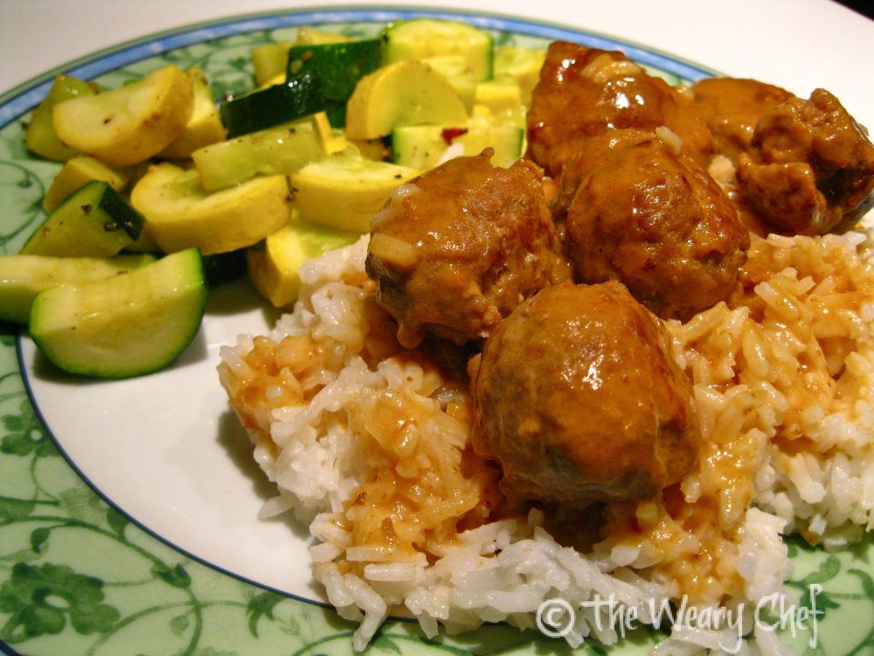 Easy Meatballs and Gravy over Rice with Broiled Squash