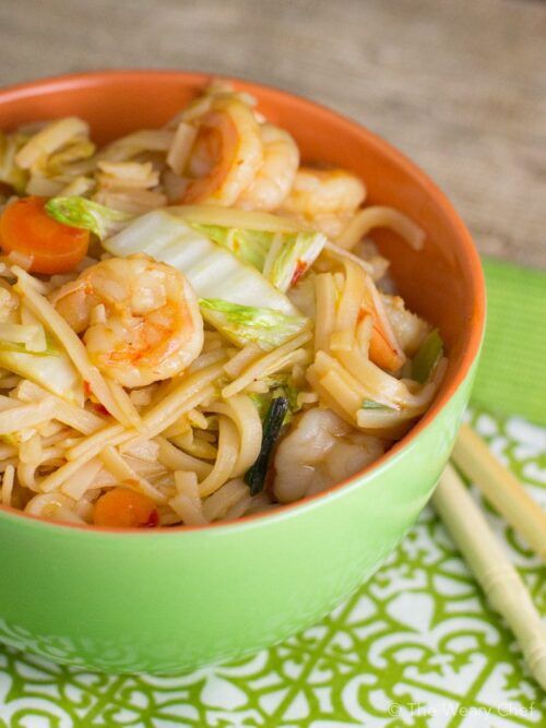 This flavorful rice noodle recipe with shrimp and cabbage is a very easy, healthy dinner.