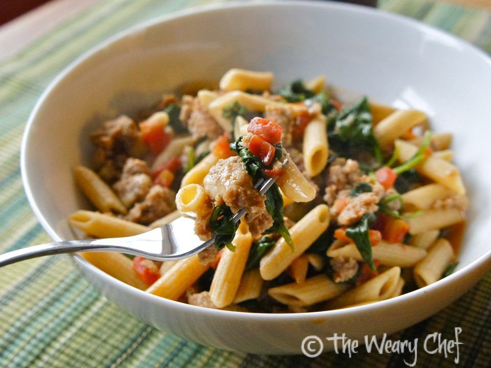 Skillet Sausage Pasta with Spinach - It's hard to believe such a delicious dish could be so quick and easy!