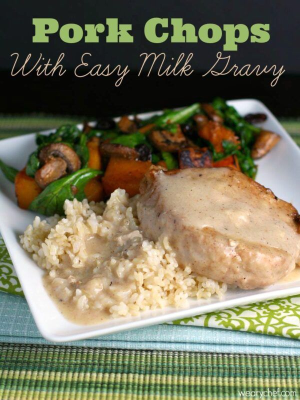 These one-pan pork chops are very easy to make.  The easy milk gravy does not even require making a roux!  Serve this 30-minute dinner over rice with a vegetable on the side.