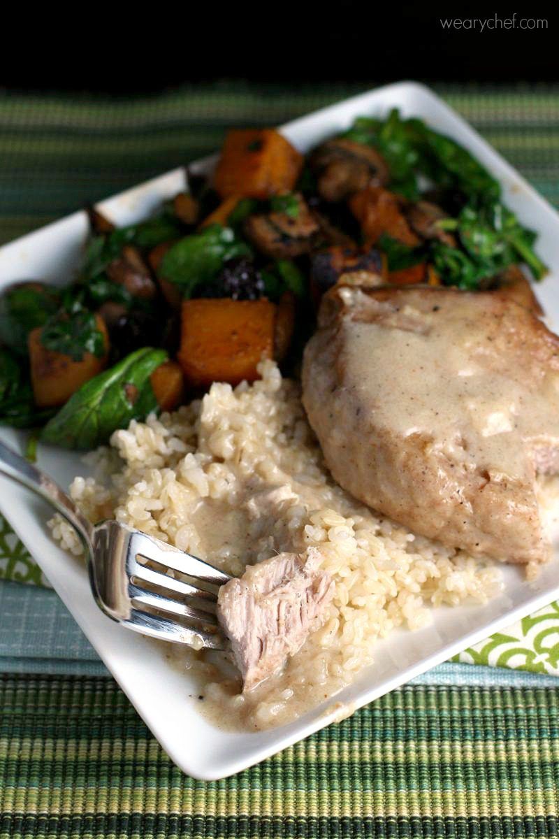 These one-pan pork chops are very easy to make.  The easy milk gravy does not even require making a roux!  Serve this 30-minute dinner over rice with a vegetable on the side.