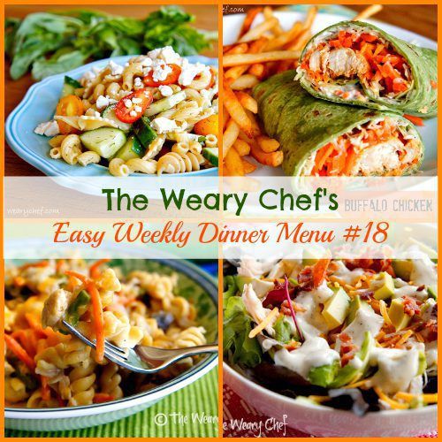 This easy weekly dinner menu features Ranch Turkey Club Salad, Chili Lime Fish Tacos, Tuna Noodle Casserole from Scratch, Buffalo Chicken Wraps, and more!