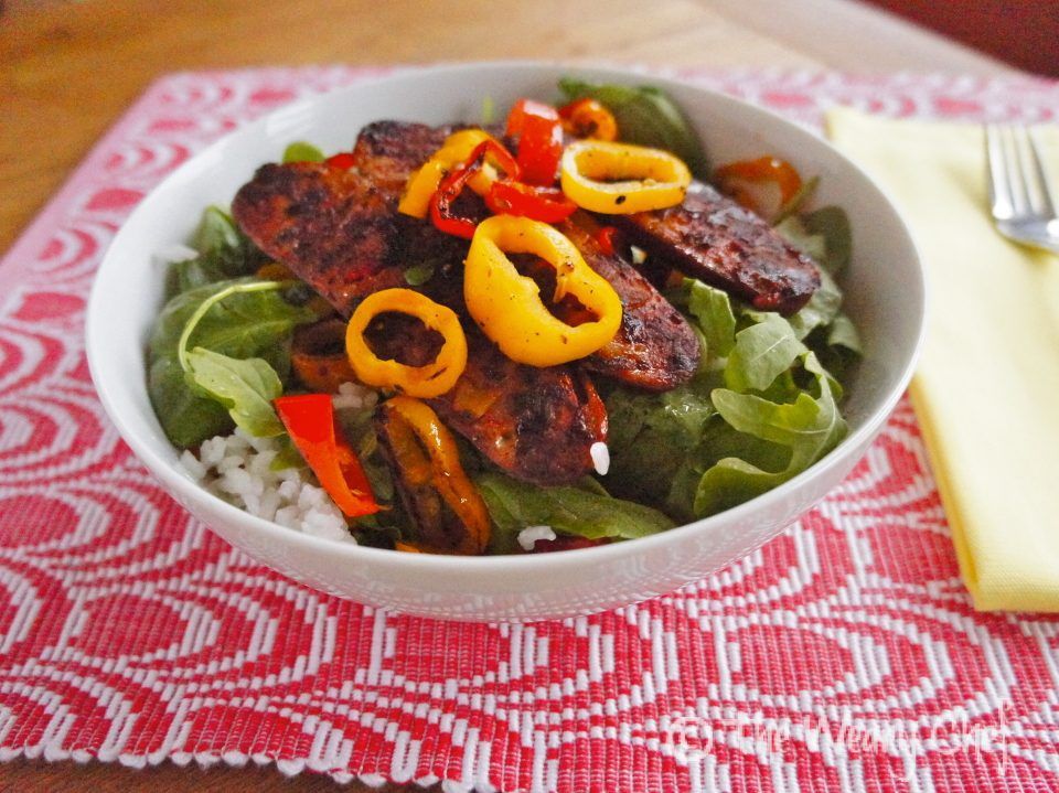 Sausage Rice Bowl with Peppers and Wilted Greens - wearychef.com