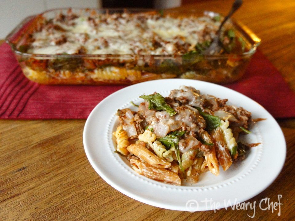 Layered Casserole with #beef, #spinach, and #pasta - wearychef.com