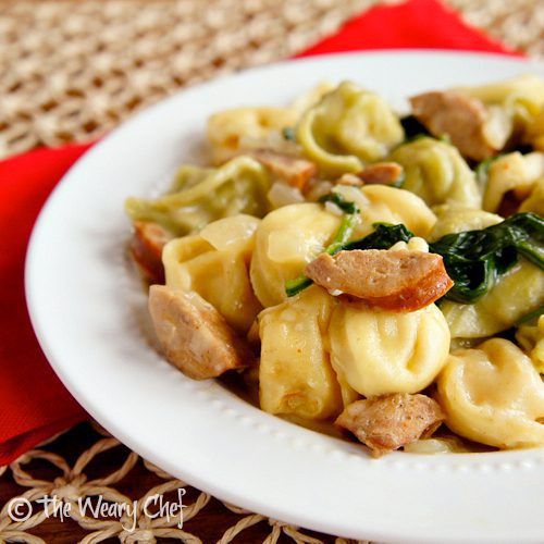 Cheese Tortellini with Sausage and Spinach in a Creamy Broth | The Weary Chef