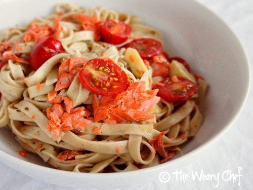 Pasta in White Wine Pesto Sauce - Add salmon or chicken to make it a one-dish dinner! by @wearychef