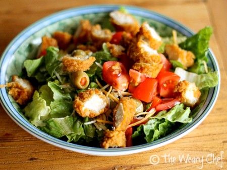 Kid friendly salad with olives, chicken, tomatoes, and cheese | The Weary Chef