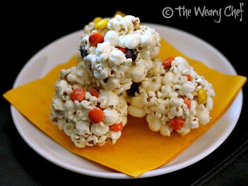 Fall Popcorn Balls with Reeses Pieces | The Weary Chef