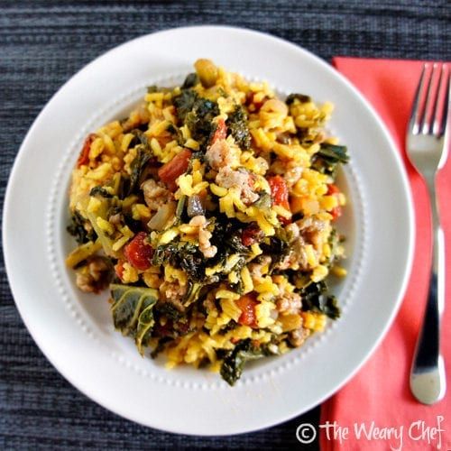 Saffron Rice with Sausage and Kale - An #easy #healthy #frugal #dinner! by @wearychef