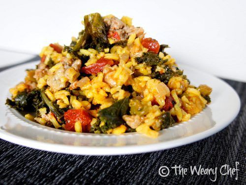 Saffron Rice with Sausage and Kale - An #easy #healthy #frugal #dinner! by @wearychef