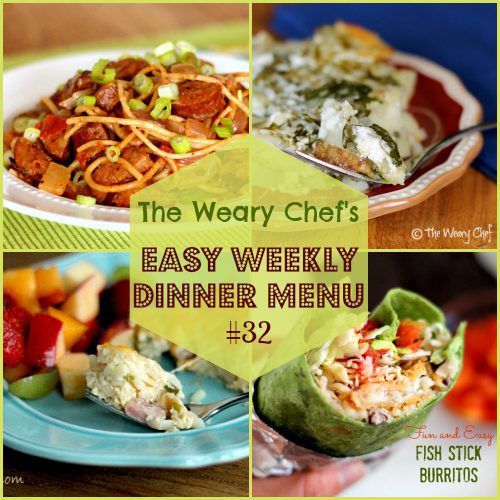 Easy Weekly Dinner Menu including California Frittata, Fish Stick Burritos, Breakfast for Dinner Casserole, Cajun Jambalaya Pasta, and lots more! | The Weary Chef #mealplanning