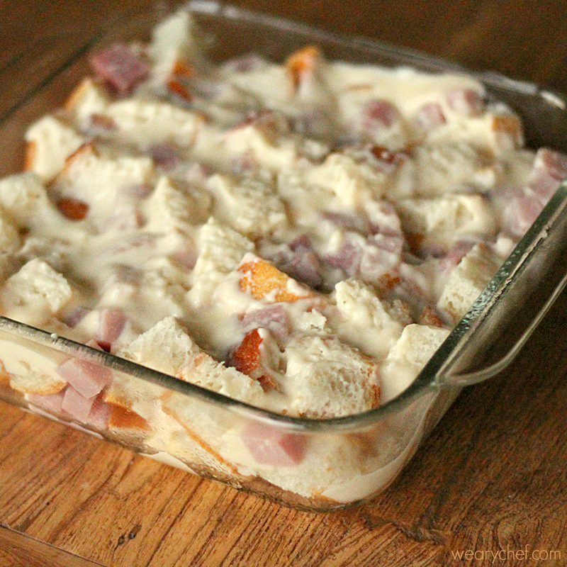 Ham and Cheese Sandwich Casserole: Cubes of sourdough and ham are smothered in a creamy cheese sauce and baked for a delicious dinner! - wearychef.com