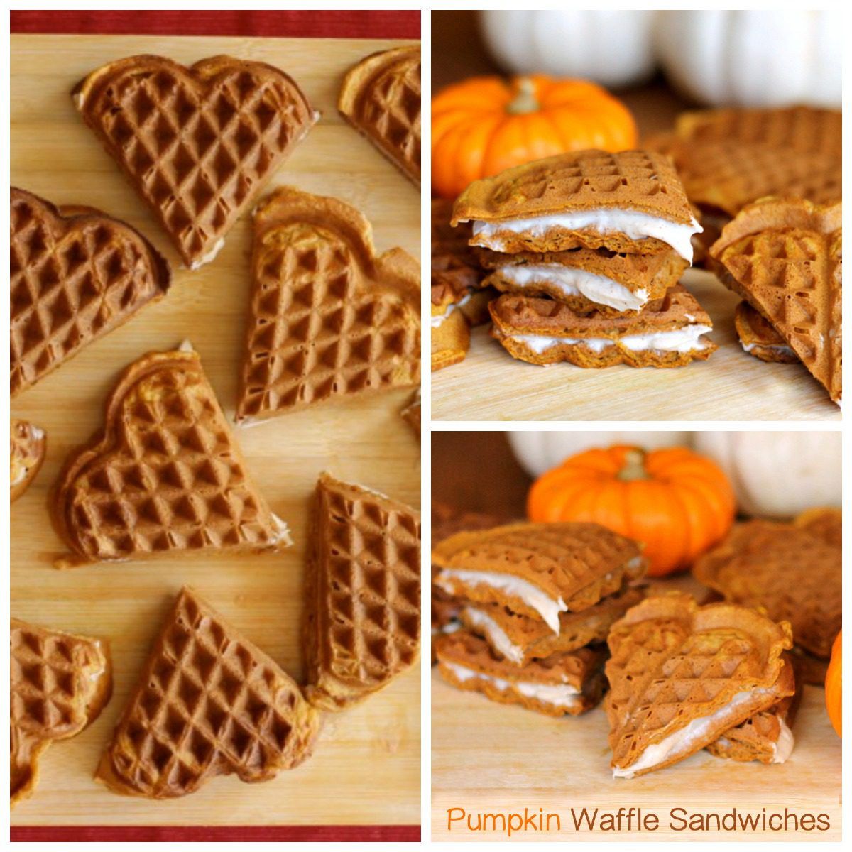 These homemade pumpkin waffle sandwiches are stuffed with fall spiced cream cheese. Perfect snack, breakfast, or dessert treat!