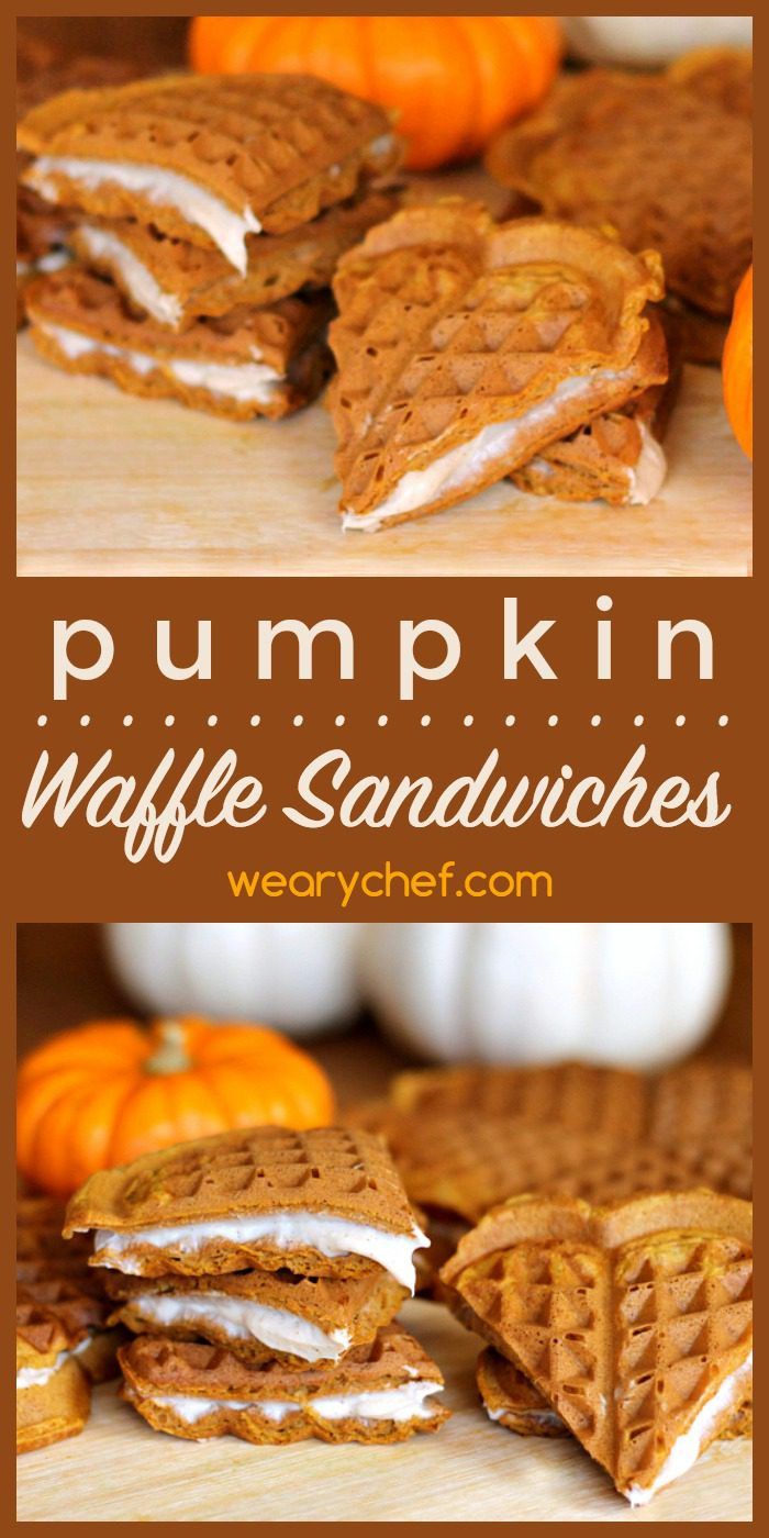 These homemade pumpkin waffle sandwiches are stuffed with fall spiced cream cheese. Perfect snack, breakfast, or dessert treat!