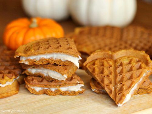 Pumpkin Waffles with Brown Sugar-Cinnamon Cream Cheese Filling - Great for breakfast, snack, or dessert!