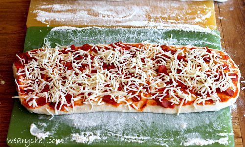 Twisted Pizza Sticks: spread a little pizza sauce over one rectangle, and sprinkle with mini pepperonis and shredded mozzarella