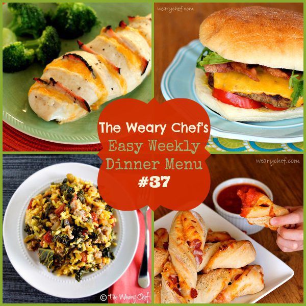 Easy Weekly Menu 37 - Hasselback Chicken, Bacon Ranch Burgers, Twisted Pizza Sticks, Saffron Rice with Kale, and lots more! 