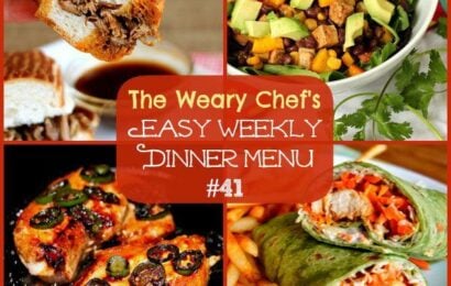 This easy weekly dinner menu includes Spicy Molasses Chicken, Southwestern Salad with Pork, Slow Cooker French Dip Sandwiches, and lots more!