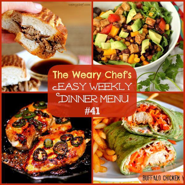 This easy weekly dinner menu includes Spicy Molasses Chicken, Southwestern Salad with Pork, Slow Cooker French Dip Sandwiches, and lots more!