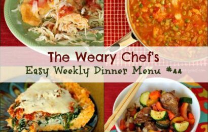 Easy Weekly Dinner Menu 44 including Creamy Enchiladas, Crockpot Asian Beef, Deep Dish Pizza with Pasta Crust, Healthy Shrimp Etouffee, and lots more! #mealplanning