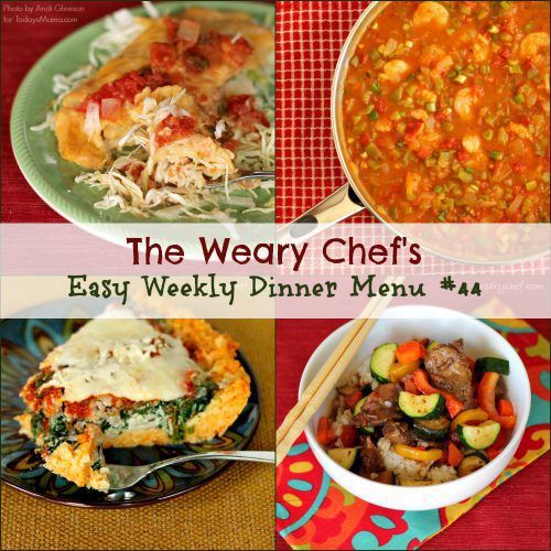 Easy Weekly Dinner Menu 44 including Creamy Enchiladas, Crockpot Asian Beef, Deep Dish Pizza with Pasta Crust, Healthy Shrimp Etouffee, and lots more! #mealplanning