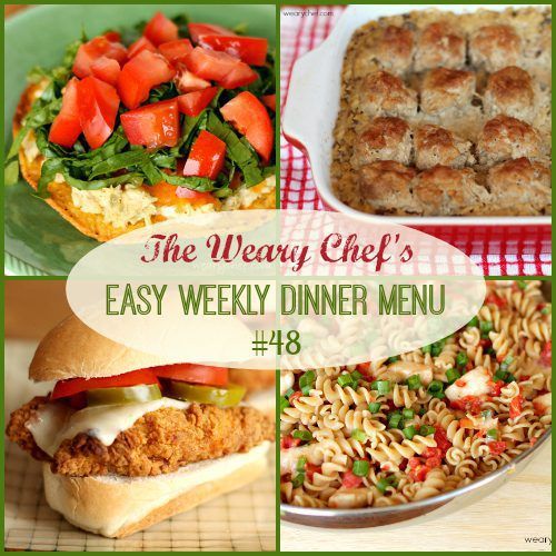 This easy weekly dinner menu includes Simple Baked Meatballs, Spicy Chicken Sliders, Easy Mexican Pasta, Chicken with Pumpkin Rice, and lots more! #mealplanning