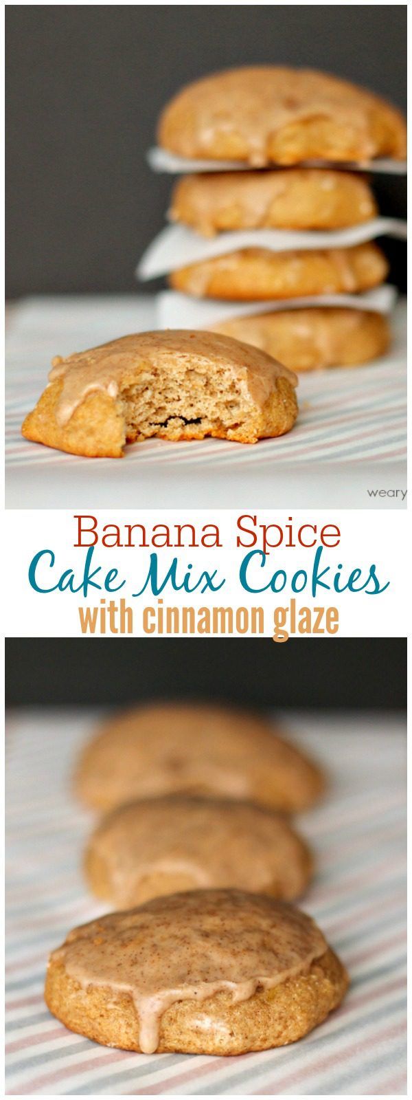 Banana Spice Cake Mix Cookies with Cinnamon Glaze - These easy cookies use no butter or oil!