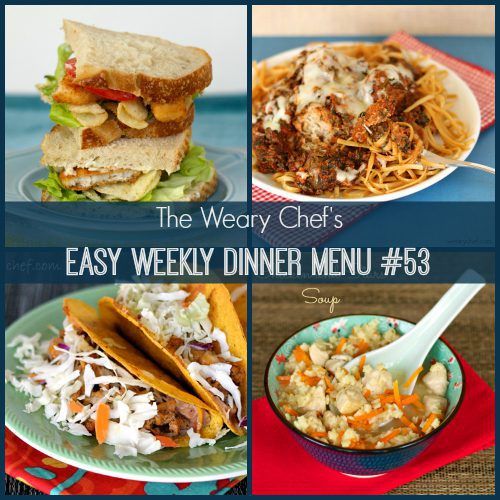 Easy Weekly Dinner Menu #53: Fish and Chips Sandwiches, Chicken and Stars Soup, Slow Cooker Meatballs, Standup Tacos, and more! #mealplanning