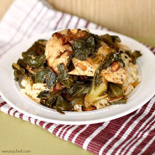 Chicken and Greens Cooked with Wine and Bacon