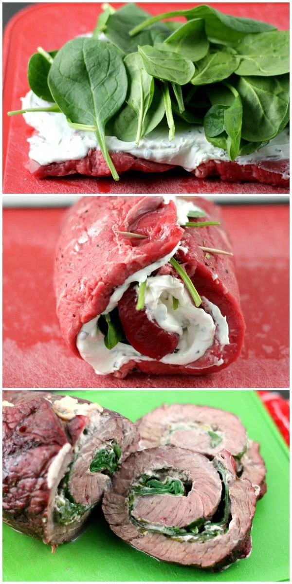 Impress your guests with these easy stuffed flank steak pinwheels with spinach and cream cheese.