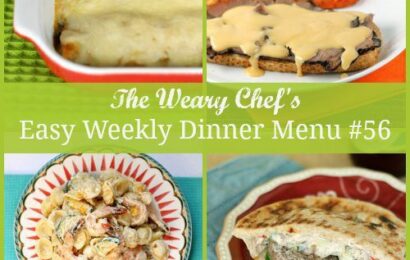 Easy Weekly Menu 56 - Cheesy Open Faced Roast Beef Sandwiches, Dijon Shrimp Pasta, Gyros Burgers, Spinach Enchiladas, and lots more!