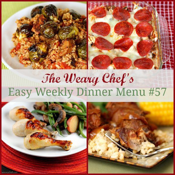 Easy Weekly Dinner Menu 57 including Pizza Pasta Bake, Buttermilk Baked Drumsticks, Brown Sugar Ribs, and lots more! #mealplanning #dinnerideas