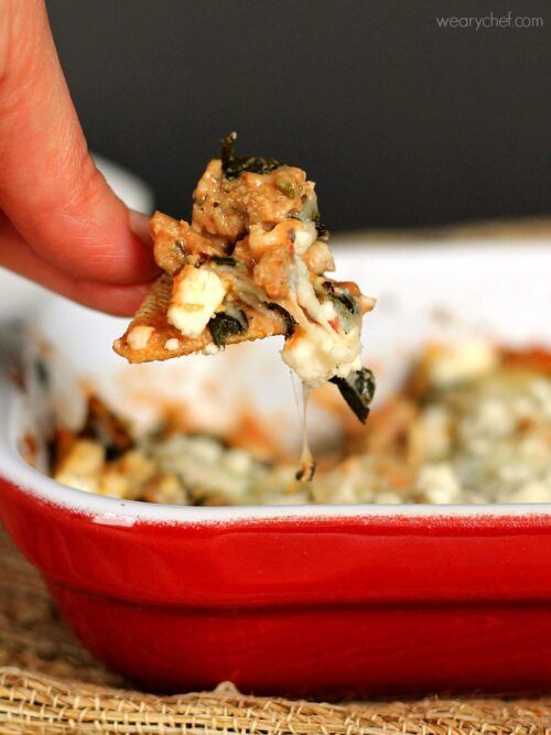 Hearty Hot Spinach Dip: Loaded with ground turkey, spinach, tomatoes and cheese - This dip eats like a meal!