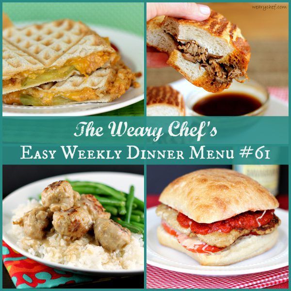 This week's dinner menu features easy sandwich recipes including Spicy Tuna Melts, Chicken Parmesan Burgers, and Slow Cooker French Dips!