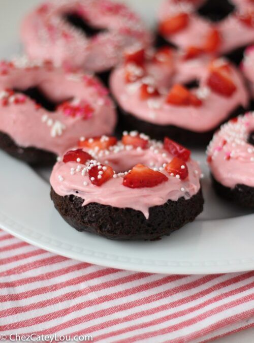 Chocolate Donuts with Strawberry Cream Cheese Icing by Chez CateyLou