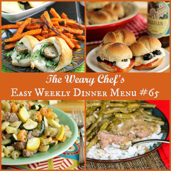 Easy Weekly Dinner Menu #65 includes Sausage Rolls, Pizza Sliders, Pasta with Summer Vegetables, and lots more! #dinner