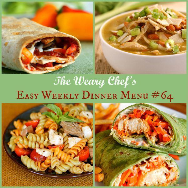 Easy Weekly Dinner Menu #64 features Chicken Enchilada Soup, Honey Mustard Salmon, Skinny Pizza Rolls, and lots more! #dinner