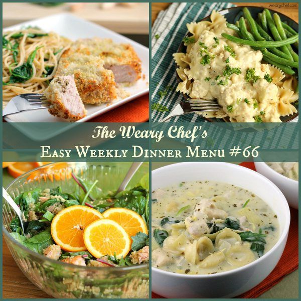 This week's easy weekly dinner menu features Slow Cooker Chicken Stroganoff, Kale and Quinoa Salad, Pesto-Stuffed Pork Chops, and lots more!