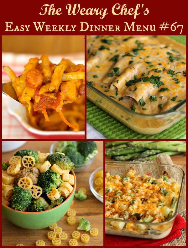 Easy Weekly Dinner Menu #67 featuring Seafood Enchiladas, Skillet Pasta with Meatballs, Chili Dog Casserole, and lots more!