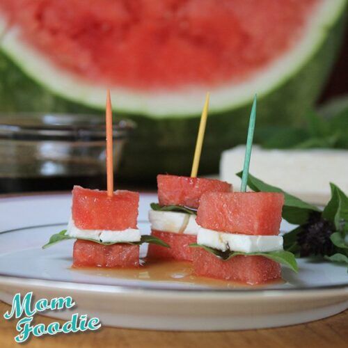 Watermelon Feta Appetizer Bites with Basil Syrup | Mom Foodie