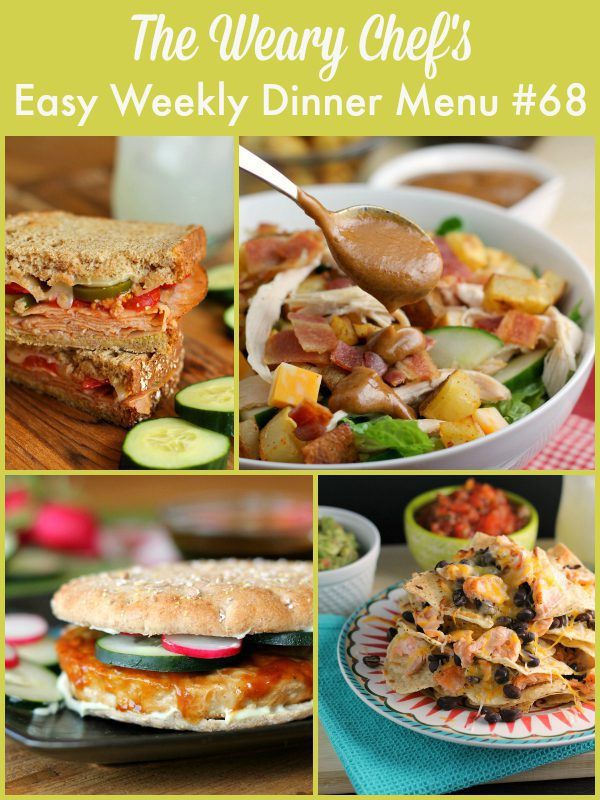 Easy Weekly Dinner Menu featuring Teriyaki Burgers, Salmon Nachos, BBQ Chicken Salad, and lots more!