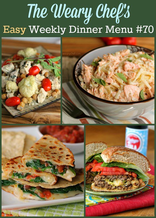 Weekly dinner menu featuring Spicy Spinach Quesadillas, Cajun Salmon Alfredo, Jalapeño Popper Burgers, Baked Stir Fry, and lots more!