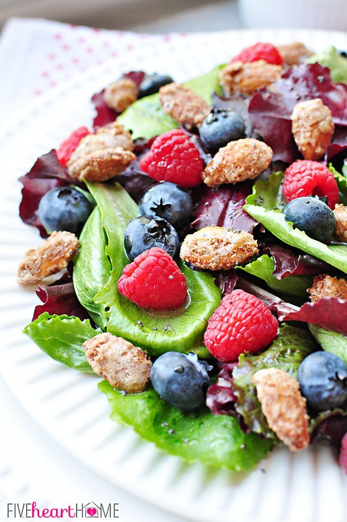 Spring Salad with Mixed Berries, Candied Almonds, and Honey Citrus Vinaigrette by Five Heart Home